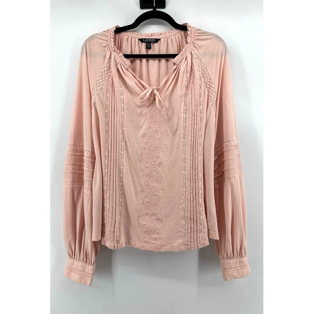 Lauren Ralph Lauren Long Sleeve Tie Front Blouse Size XL Pink Embroidered Boho